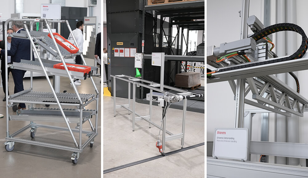 item TechDay – FiFO rack, double timing belt conveyor and linear technology for heavy-duty three-axis handling.