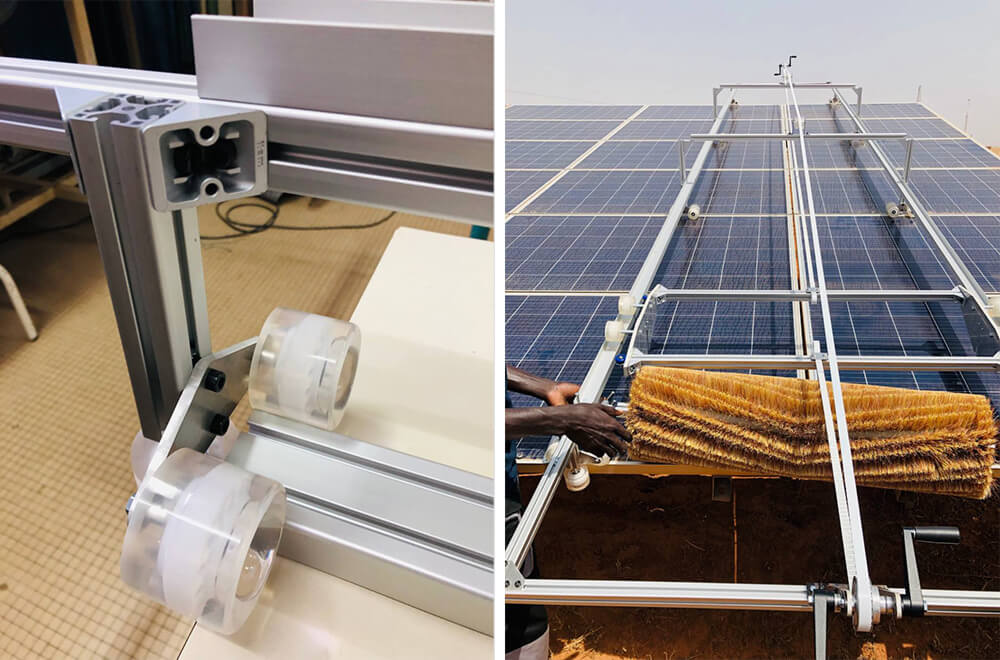 System do czyszczenia solarów: Zostosowanie kółek do deskorolek i test praktyczny na farmie fotowoltaicznej w Diamniadio.