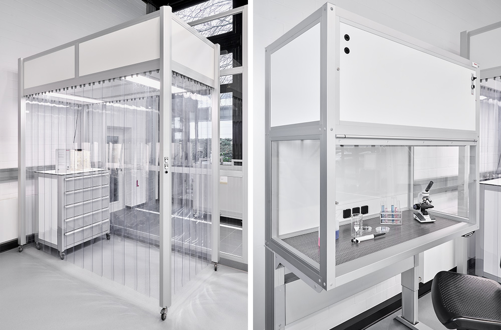 Cleanroom showroom – mobile softwall cleanroom with cleanroom-compatible drawer unit and laminar flow box with height-adjustable work bench